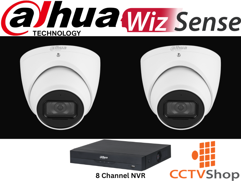 Two Dahua security cameras and an 8-channel NVR with CCTVShop logo on a black background.