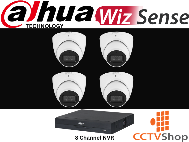 Four Dahua security cameras and an 8-channel NVR with CCTVShop logo on a black background.