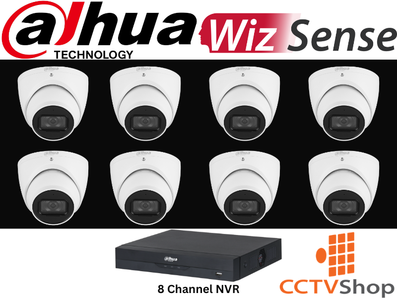 Set of Dahua security cameras and NVR with 'Dahua Wiz Sense' branding on a black background.