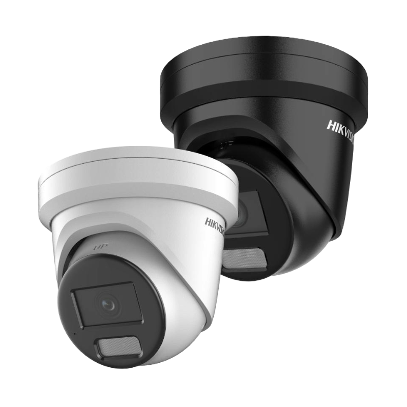DS-2CD2366G2H-IU Two Hikvision security cameras, one black and one white, on a white background.