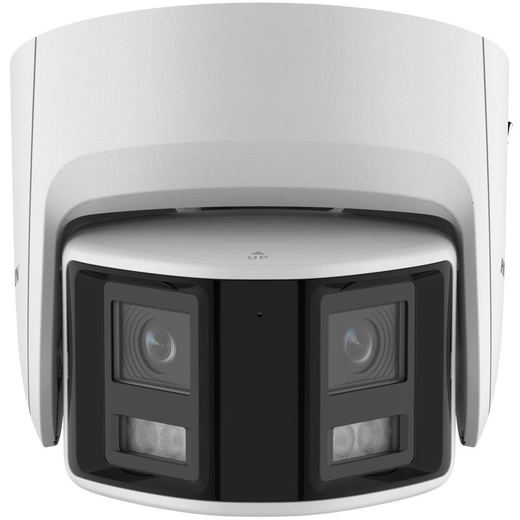 DS-2CD2346G2P-ISU_SL White security camera with multiple lenses on a white background