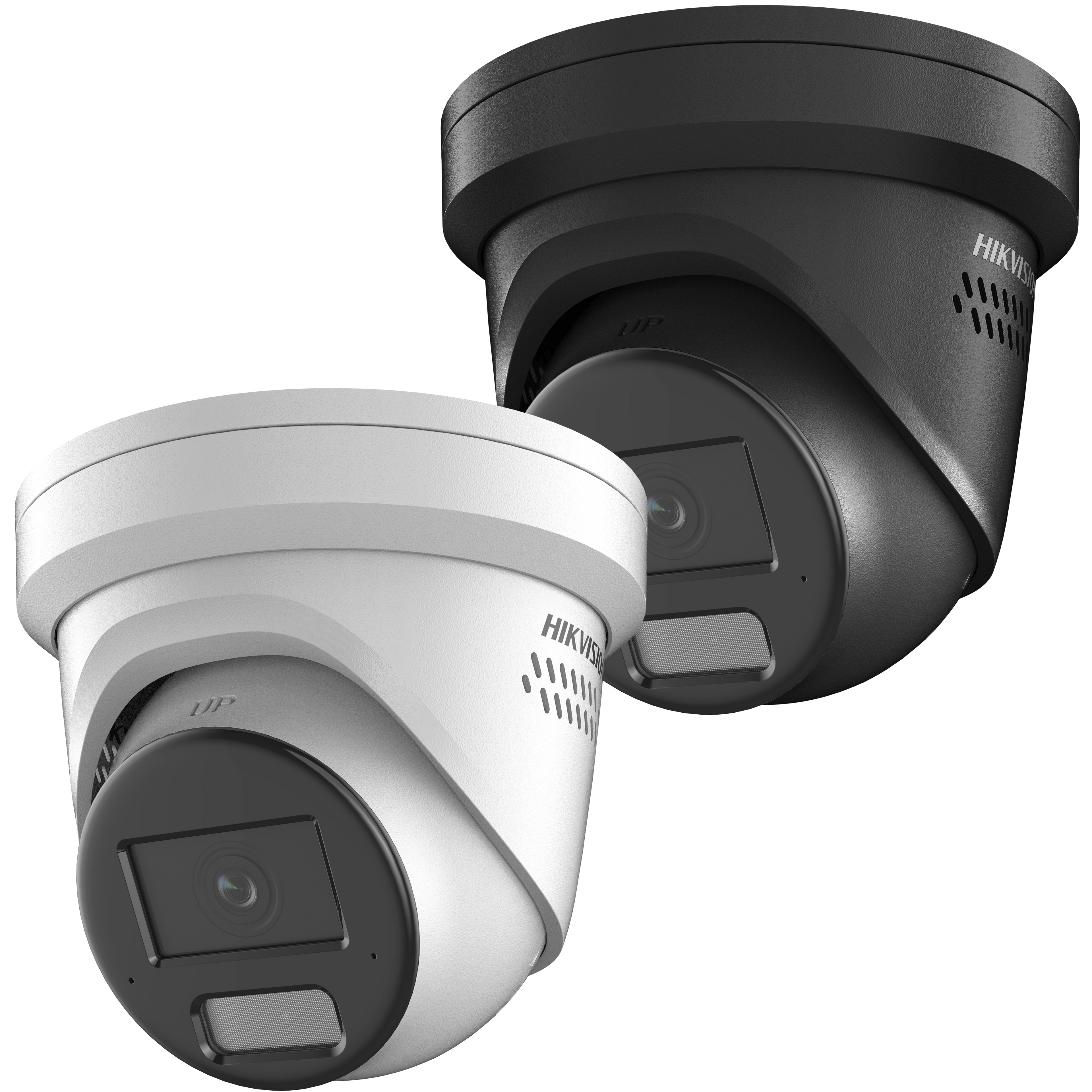 The DS-2CD2366G2H-IS2U-SL is a 6MP AcuSense G2H turret with active deterrence. Two Hikvision security cameras, one white and one black, on a white background.