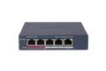 DS-3E1105P-EI is a 4-port managed PoE switch. Network switch with Hikvision branding on a white background