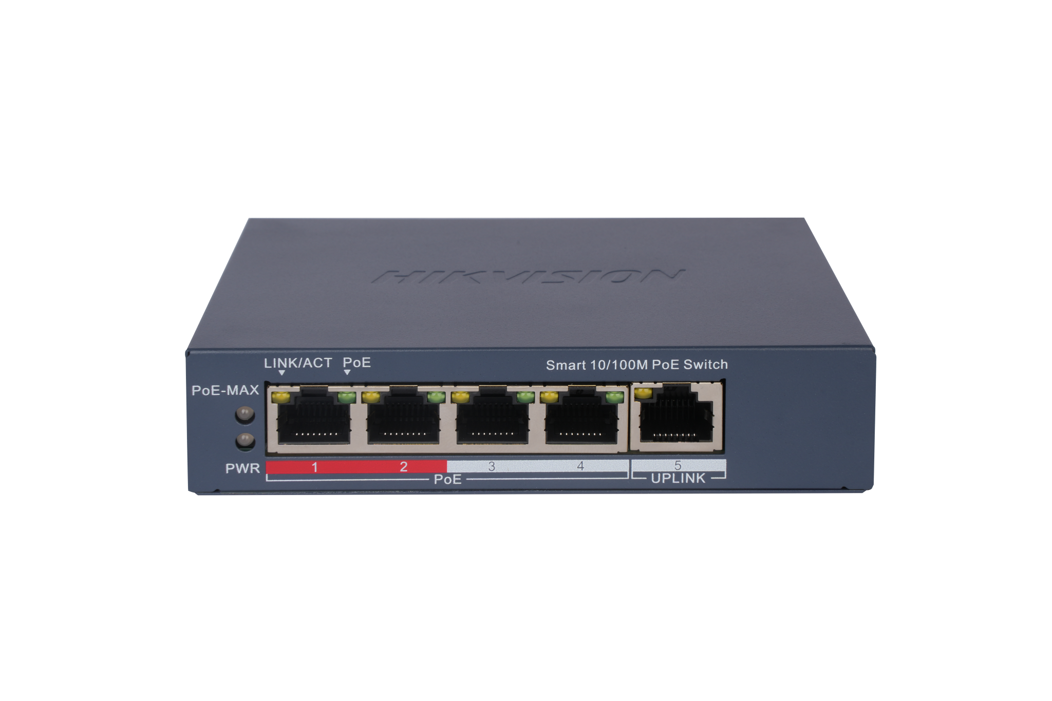 DS-3E1105P-EI is a 4-port managed PoE switch. Network switch with Hikvision branding on a white background