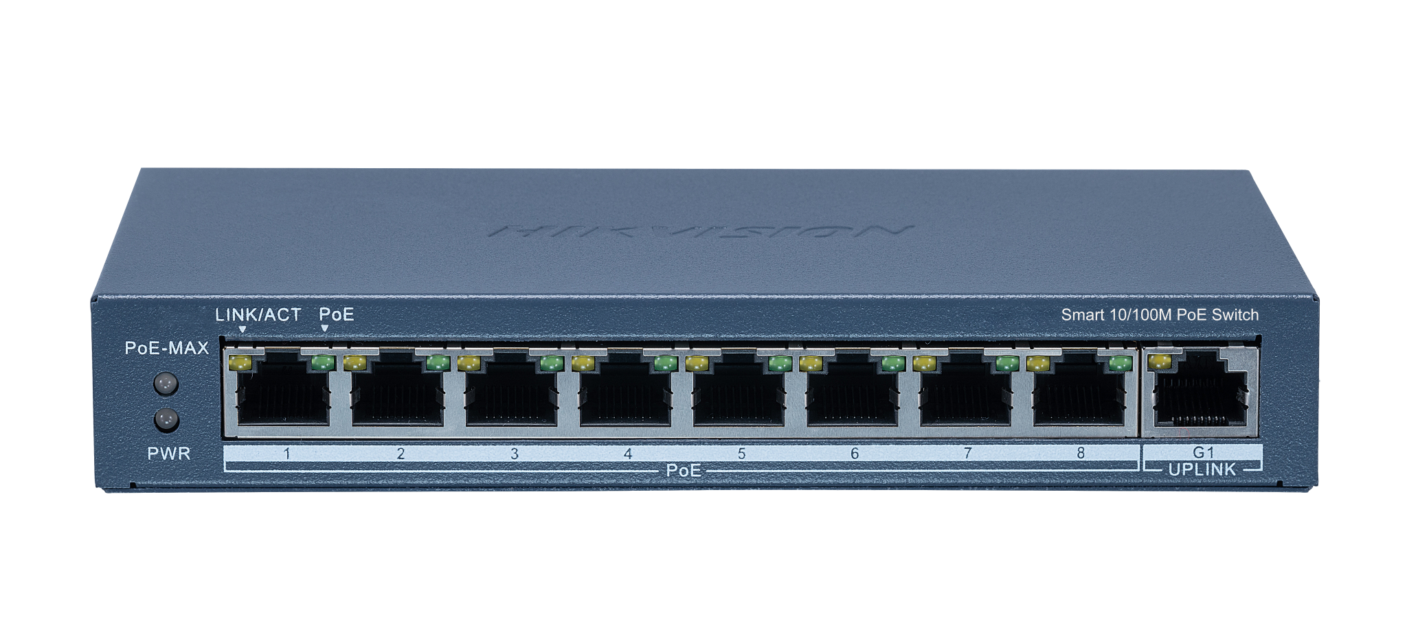 The DS-3E1309P-EI is an 8-port managed PoE switch with 120W total PoE budget and 1 uplink port. Network switch with multiple ports on a white background