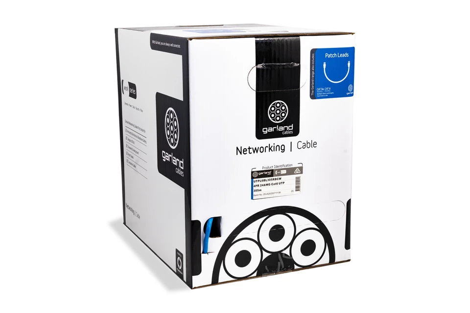 The Garland UTPL6BL305RBCW is a 305m pull-box drum of CAT6 U/UTP cable in blue