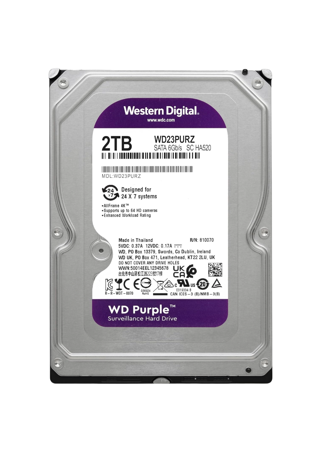 The Western Digital WD23PURZ is a 2TB WD Purple surveillance-grade internal hard drive