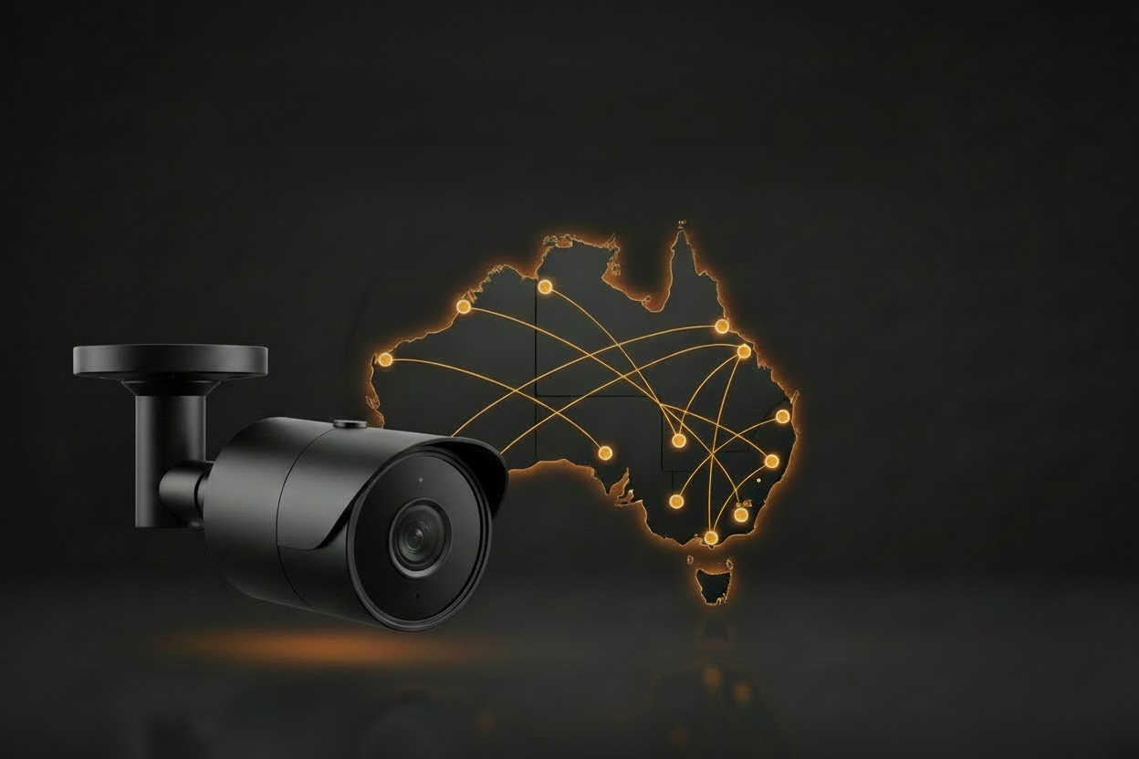 Security camera with Australia map and text about free fast delivery in Australia on a dark background